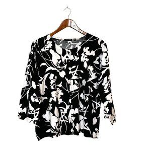 Notations Womens Black & White Floral Button-Up Cardigan‎ Sweater XL 3/4 Sleeve
